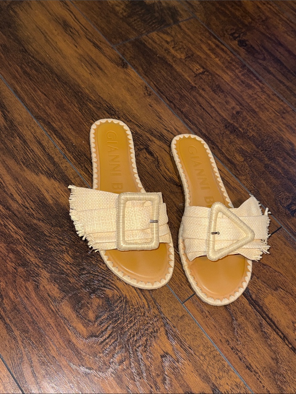 Gianni Bini Cream Raffia Buckle Slide Mules